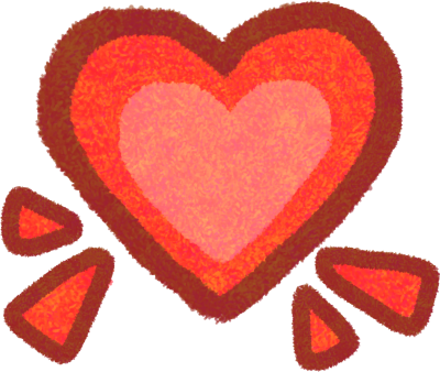 a red heart outlined in a darker red, and a lighter red heart on the inside. there's 4 emphasis marks at the bottom on the heart- 2 on each side.